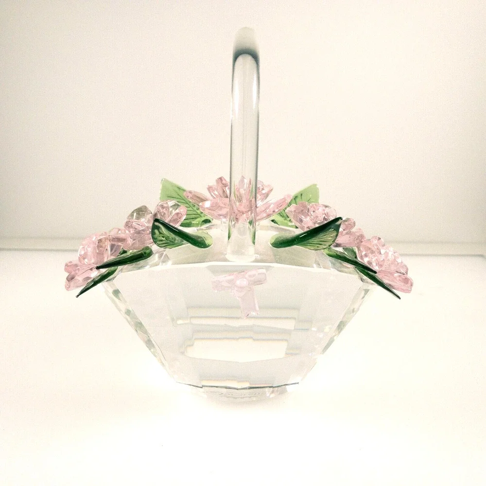 Sorelle Crystal Spring Basket of Flowers Pink Petals Green Leaves Bow 5 in Tall